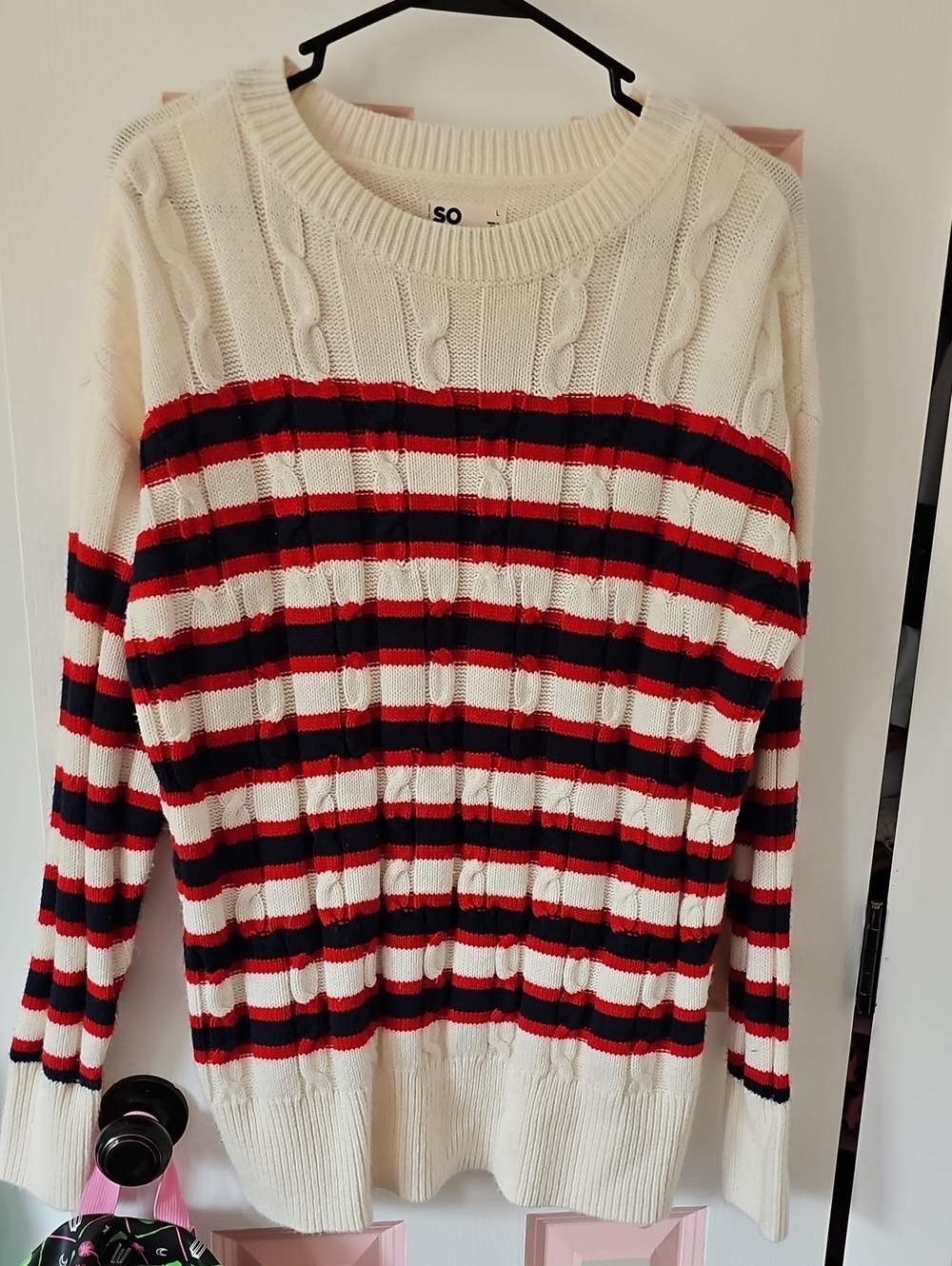 SO Cream Cable Knit Crew Sweater with Red & Navy Stripes